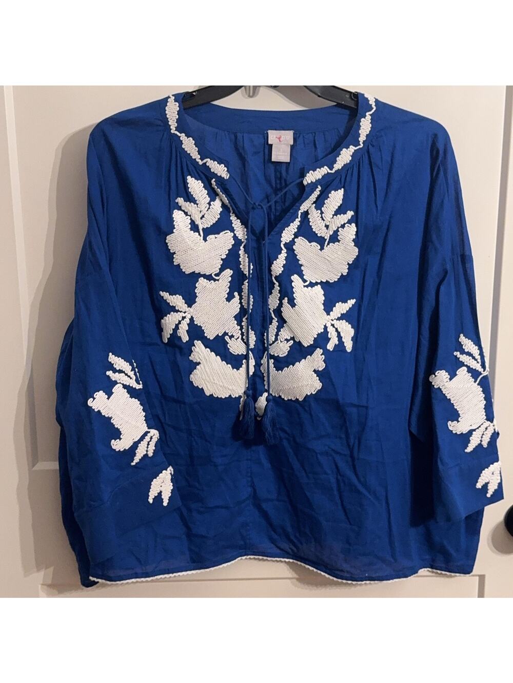 Embroidered Tunic Blouse Womens sz 3 chicos Blue Cotton Tassel Boho Top Resort